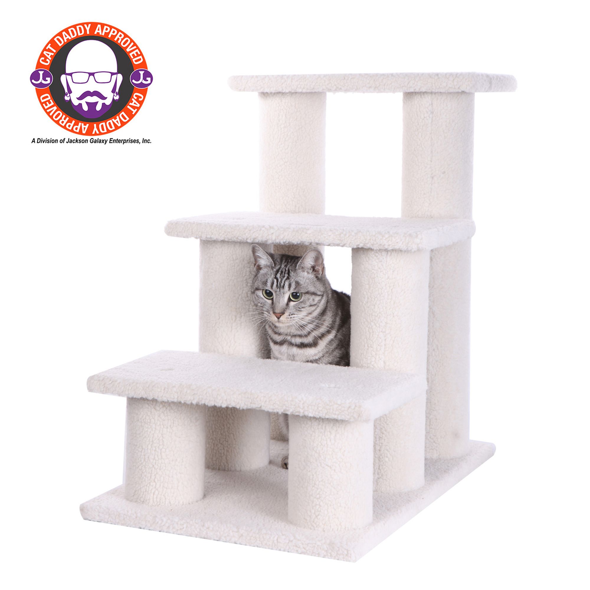 Armarkat 3 Steps Real Wood Faux Fleece Cat Stairs Ladder Doggie Ramp For Indoor Pets Ivory