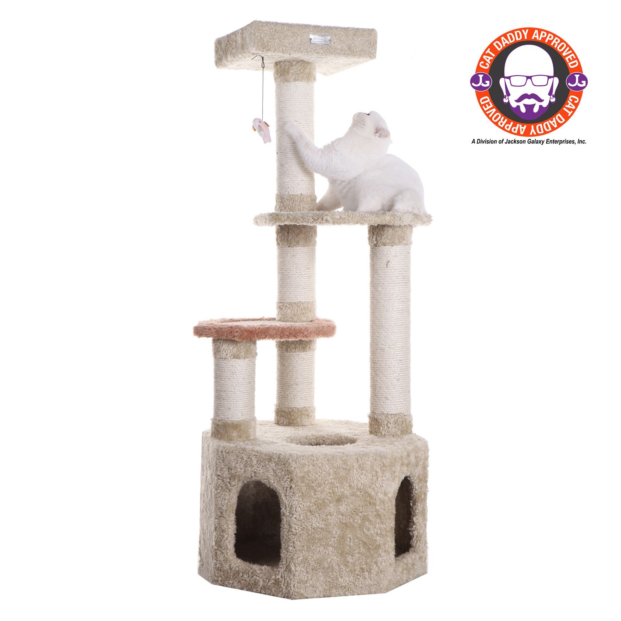 Armarkat 57 in Premium Carpeted Real Wood Cat Tree Medium Cat Condo House Khaki