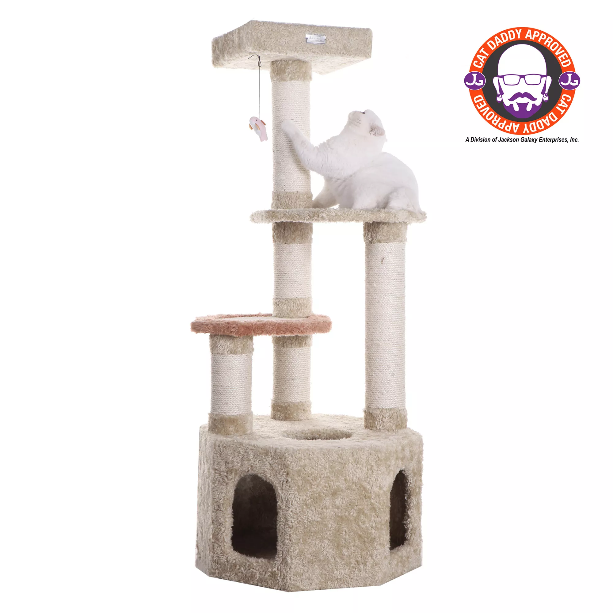 Armarkat 57-in Premium Carpeted Real Wood Cat Tree Medium Cat Condo House, Khaki