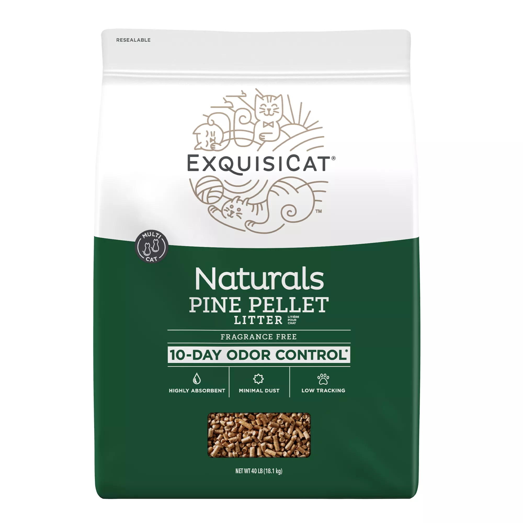 ExquisiCat Naturals Multi-Cat Pine Pellet Cat Litter - Unscented, Low Dust, Low Tracking, Natural