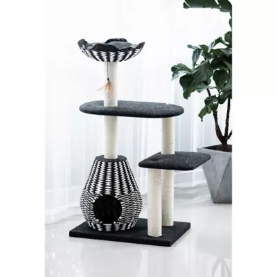 Product PetPals 49-in Contemporary Cat Tree With Recyclable Paper Rope Perch & Condo Lounger, Black & White