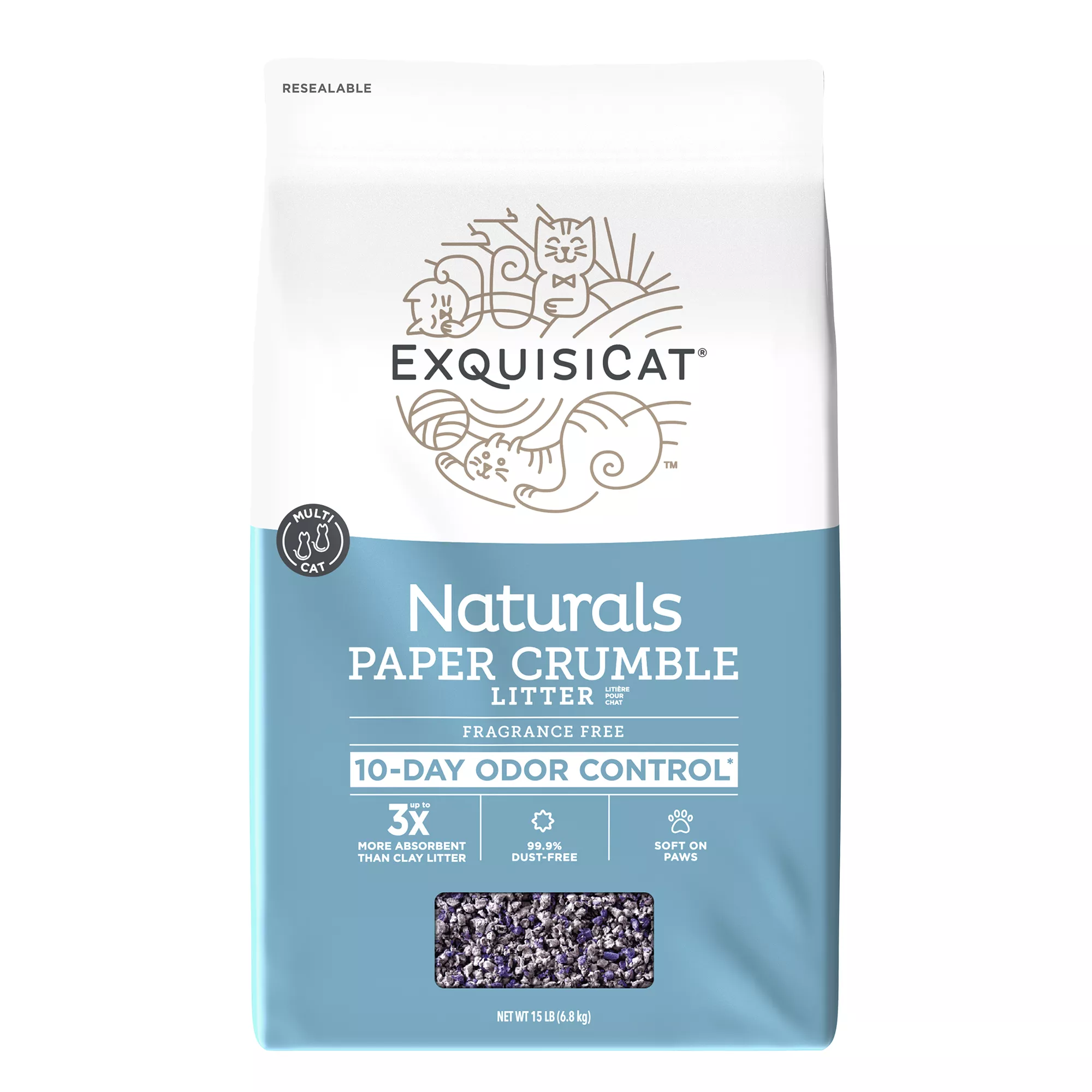 ExquisiCat Naturals Multi-Cat Paper Crumbles Cat Litter - Unscented, Low Dust, Natural