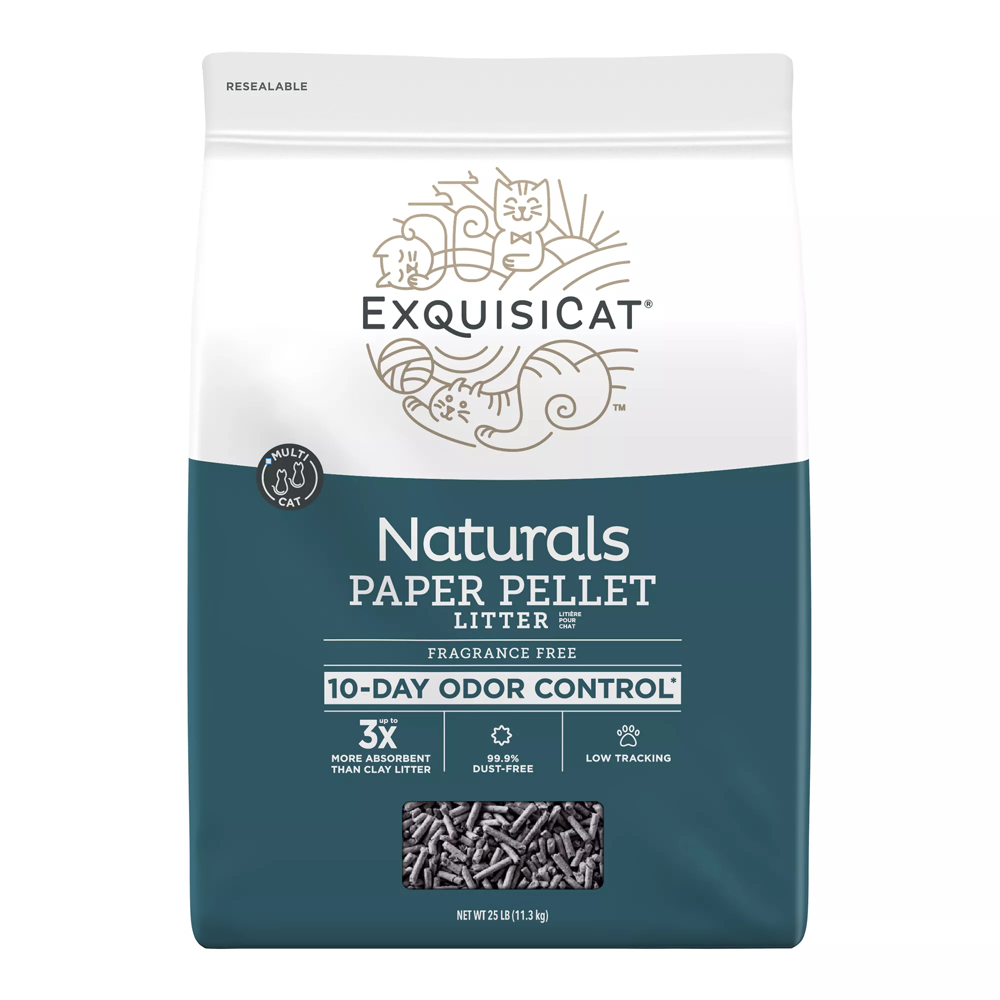 ExquisiCat Naturals Multi-Cat Paper Pellet Cat Litter - Unscented, Low Dust, Low Tracking, Natural