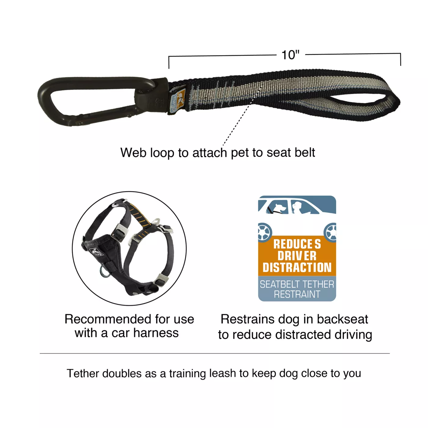 Kurgo Dog Seat Belt Tether with Carabiner Enhanced Strength Replacement Tether Black Grey