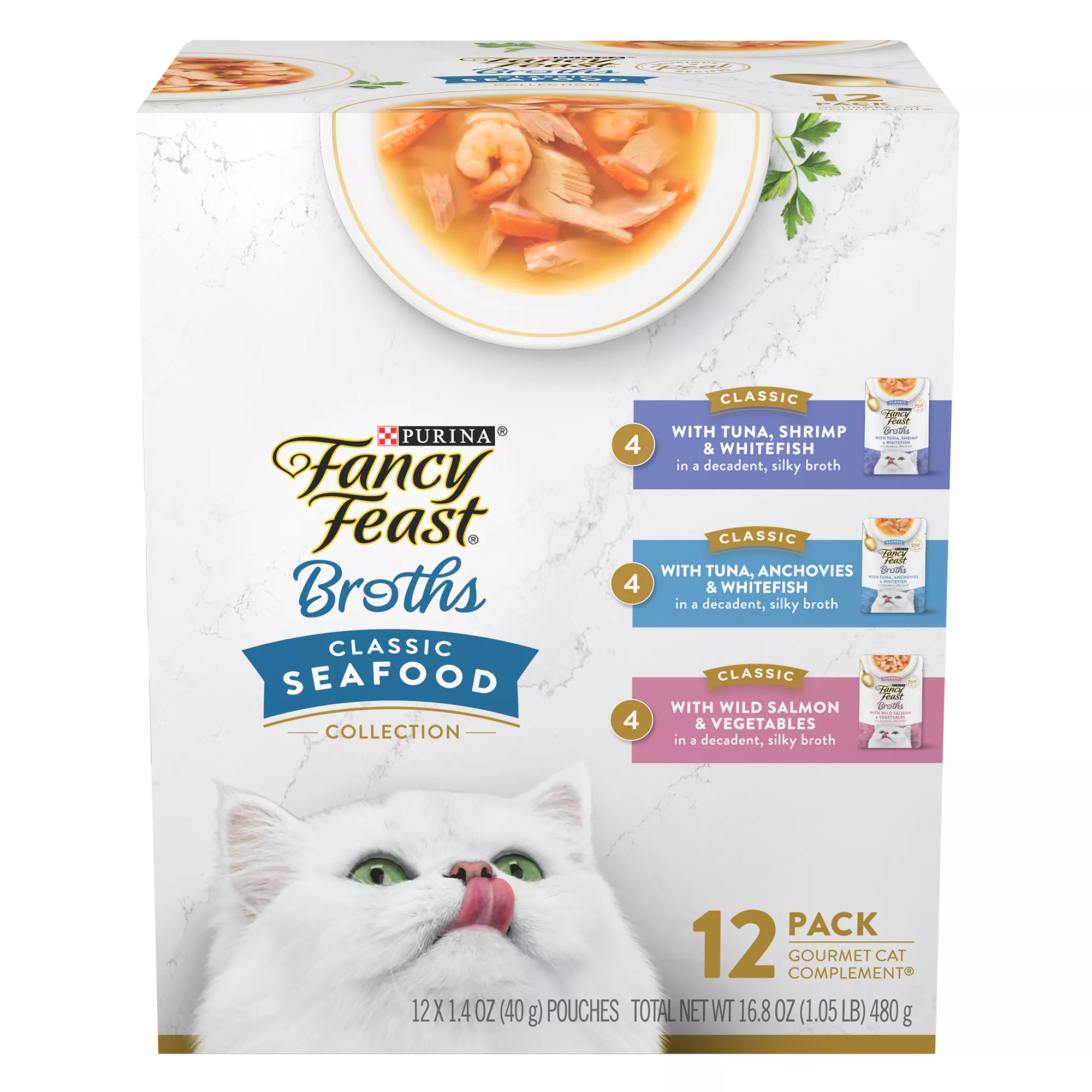 Fancy Feast® Broths Adult Food Topper, Limited Ingredients - Variety Pack, 12 CT, 16.8 OZ