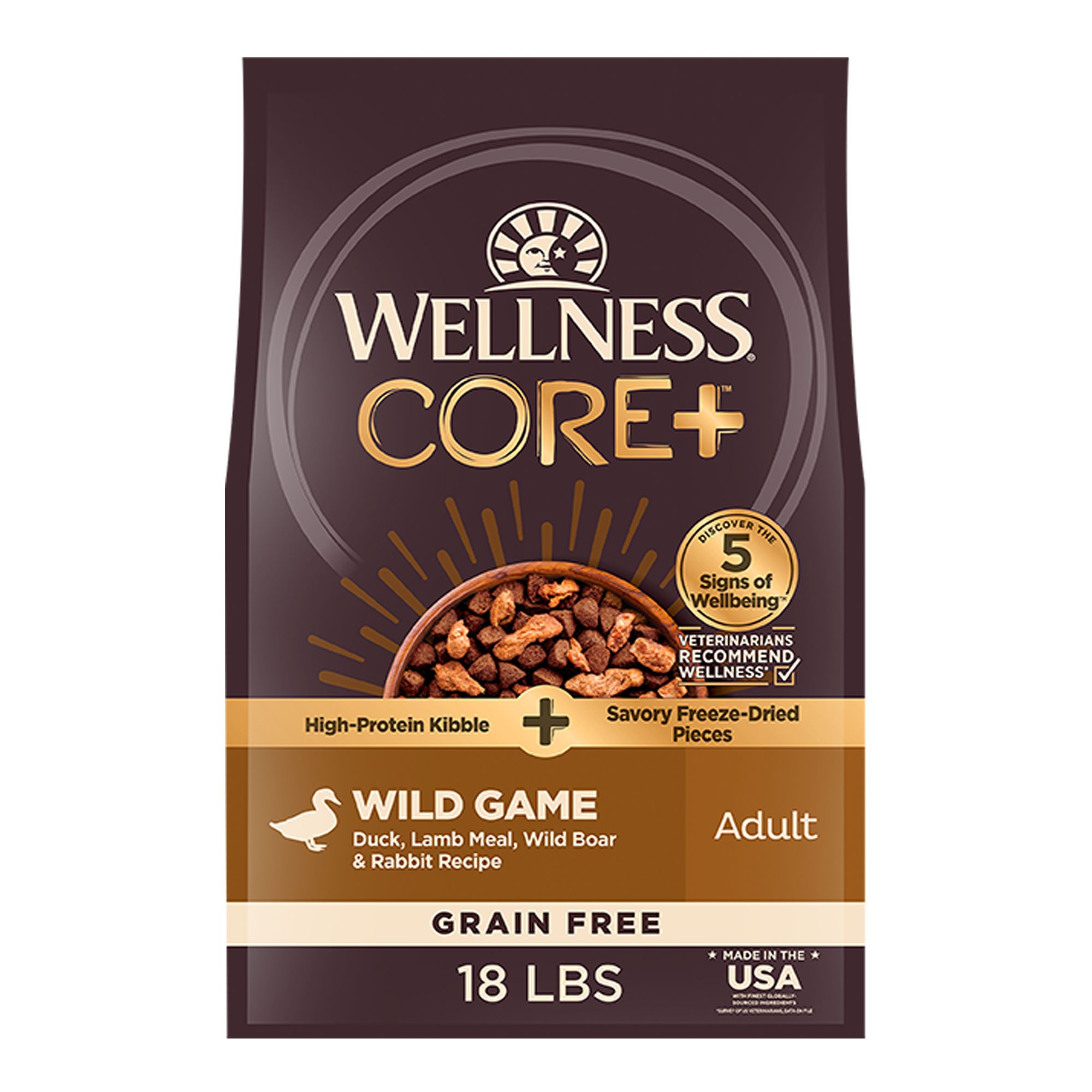 Wellness CORE RawRev Natural Grain Free Wild Game Duck, Wild Boar & Rabbit with Freeze Dried Lamb Dry Dog Food, 18 lbs.