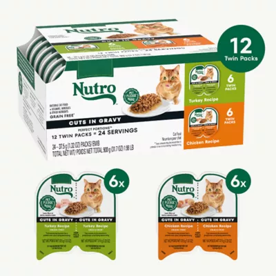 Nutro Perfect Portions Grain Free Real Turkey Real Chicken Cuts in Gravy Recipe Variety Pack Adult Wet Cat Food Trays 2.65 oz Case of 12 Twin