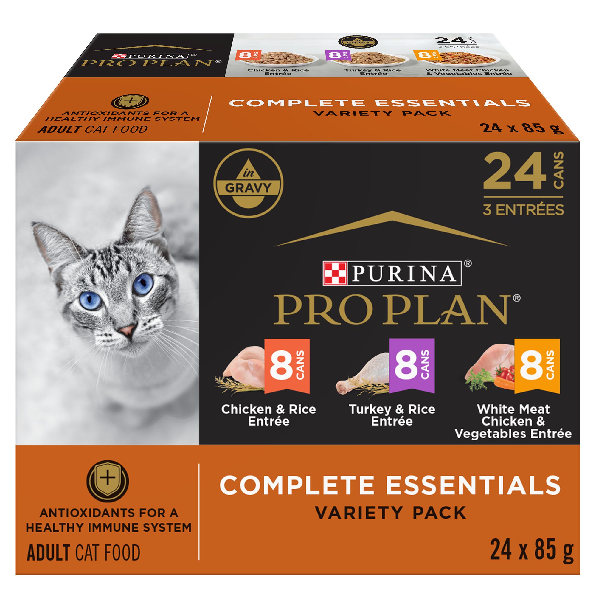 24 Pack Purina Pro Plan Gravy Wet Cat Food Variety Pack Chicken Turkey Favorites 3 oz. Cans