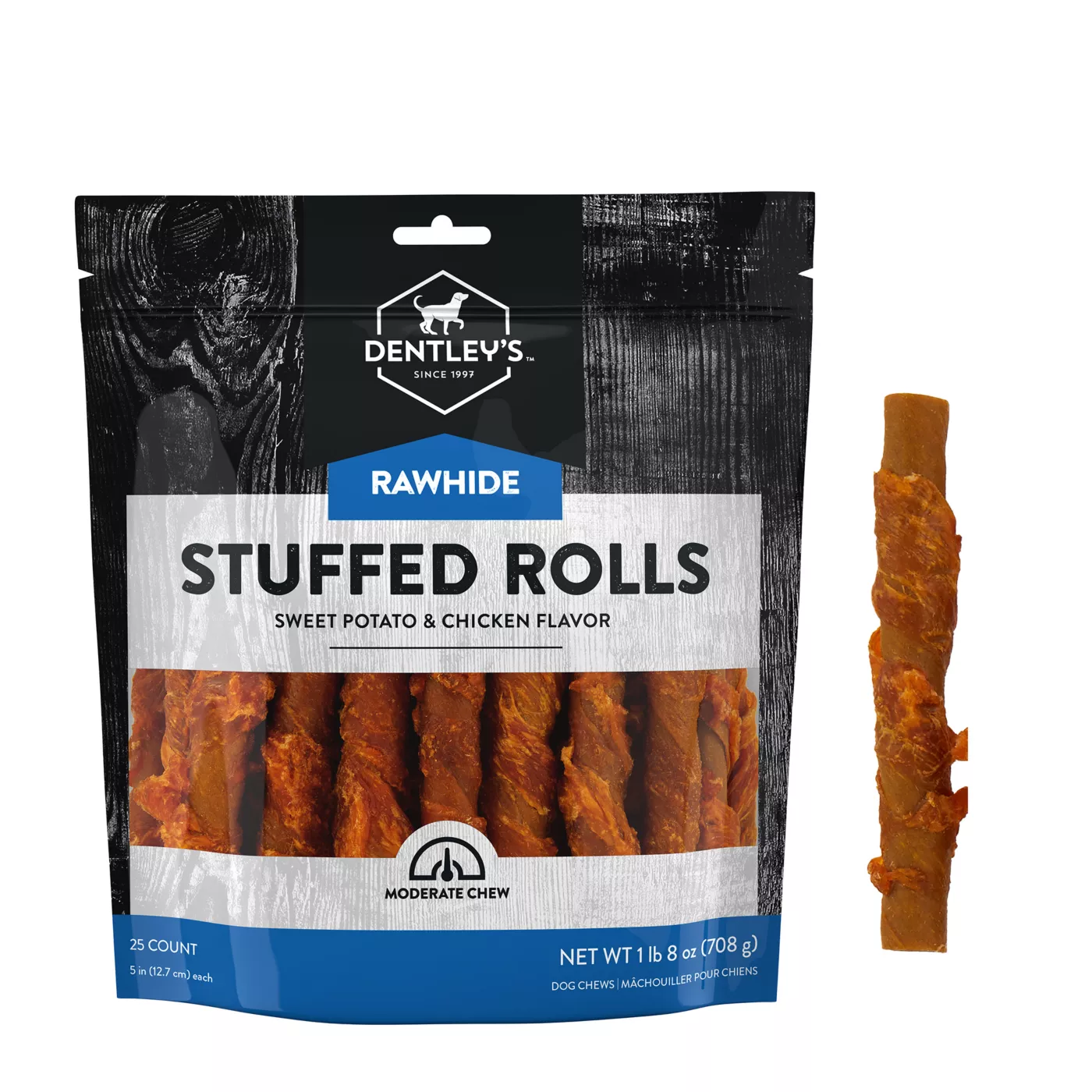 Dentley s Gourmet Rawhide Stuffed Rolls Dog Treats Sweet Potato Chicken