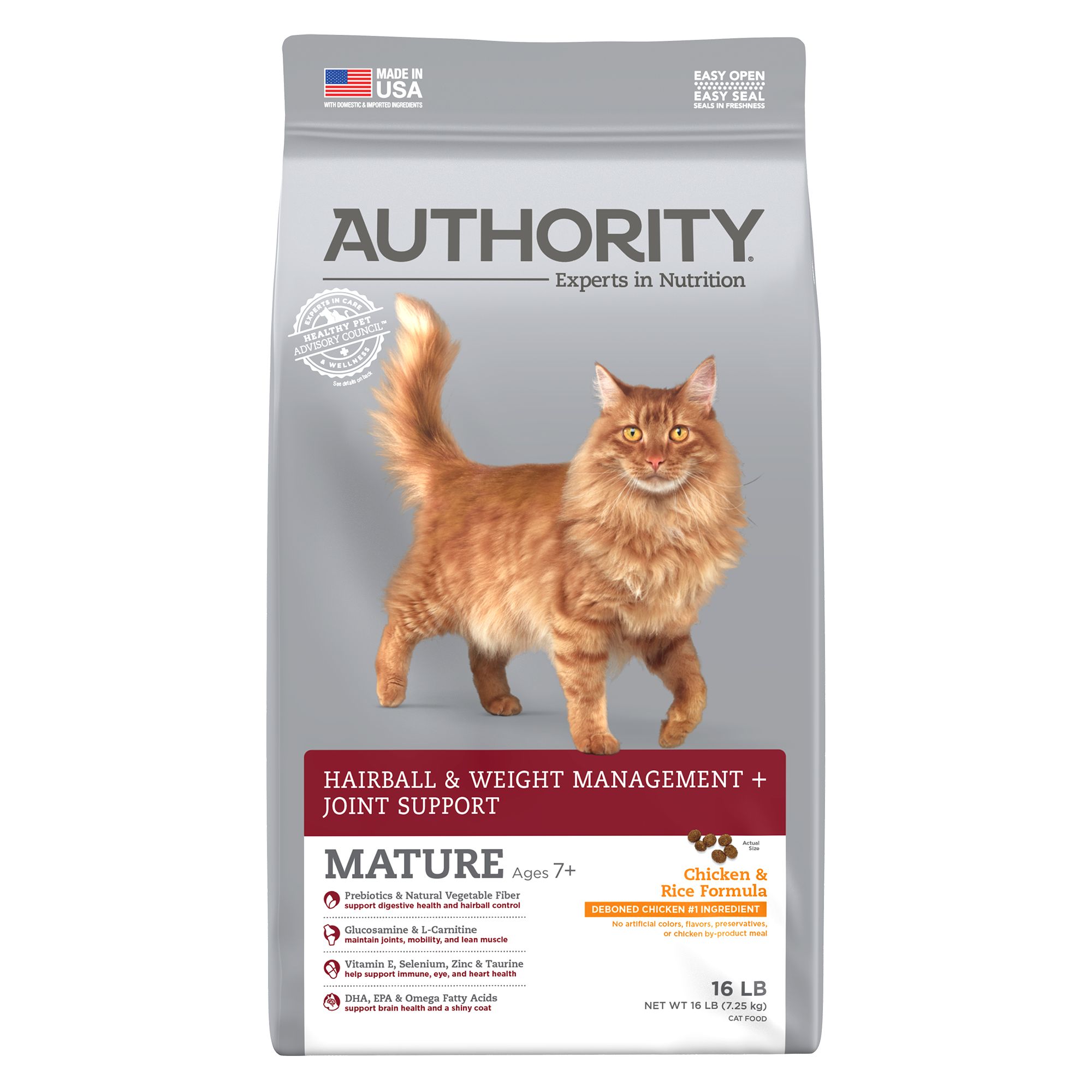 Authority® Hairball & Weight Managment + Joint Support Mature Adult Cat Food - Chicken & Rice