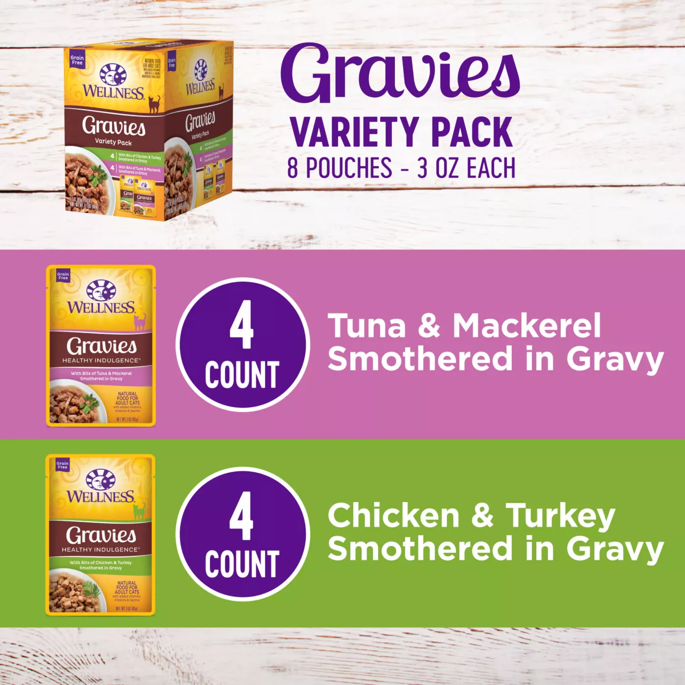 Wellness Gravies Adult Cat Food Grain Free Variety Pack 8 CT 24 OZ