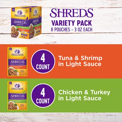 Product Wellness® Healthy Indulgence Adult Cat Wet Food - Grain Free, Shreds, Variety Pack, 8 CT, 24 Oz