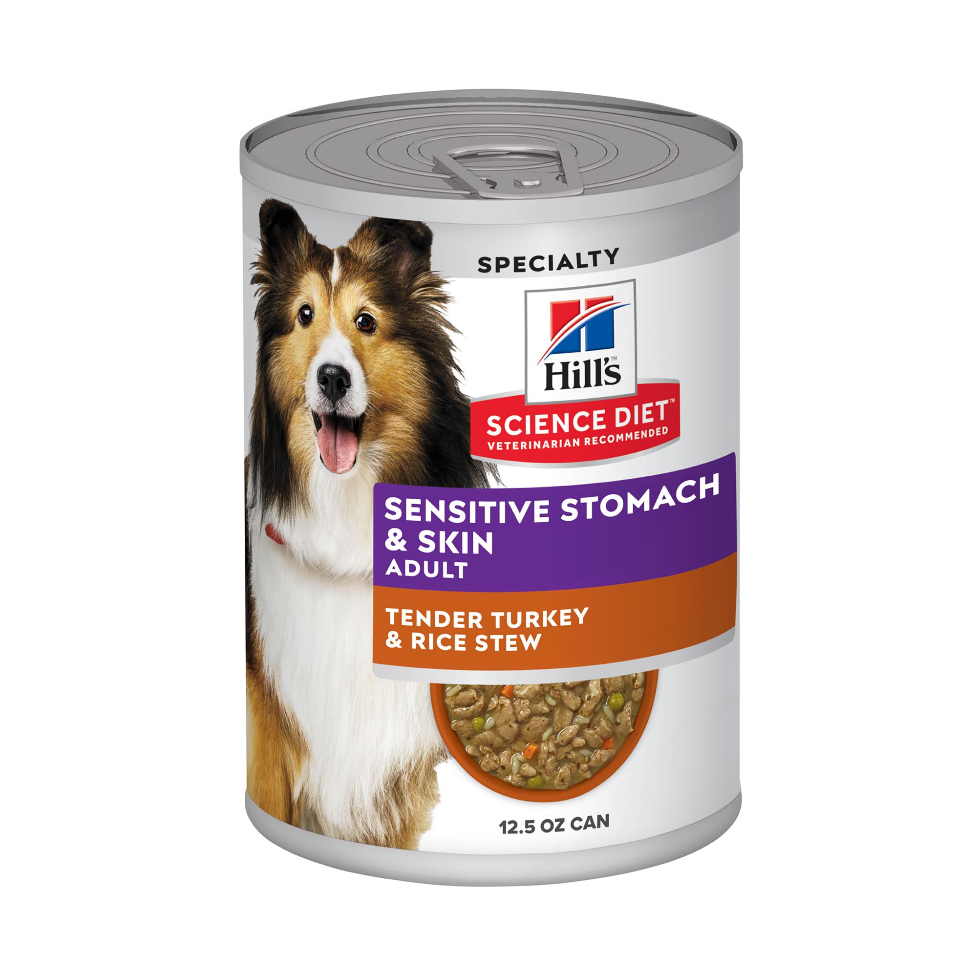 Hill's Science Diet canned food. Sensitive skin and stomach. Tender turkey and rice stew.