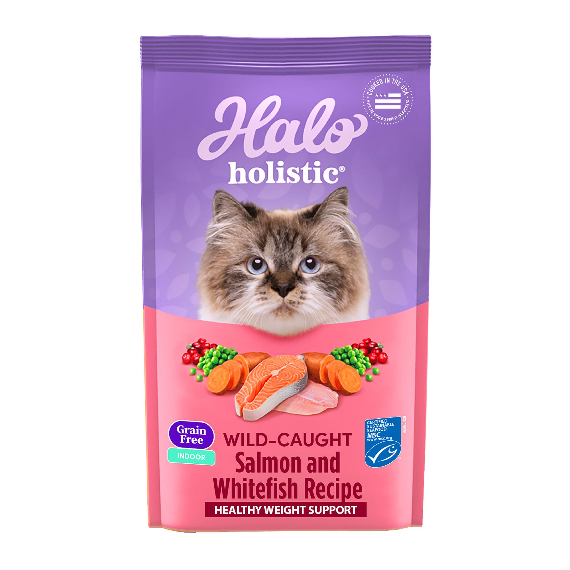 HALO DreamCoat Indoor Healthy Weight Cat Food Natural Grain Free Wild Salmon Whitefish Recipe