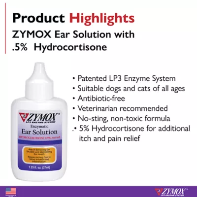 Zymox Enzymatic Ear Solution for Dogs Cats 0.5 Hydrocortisone 1.25 oz Bottle