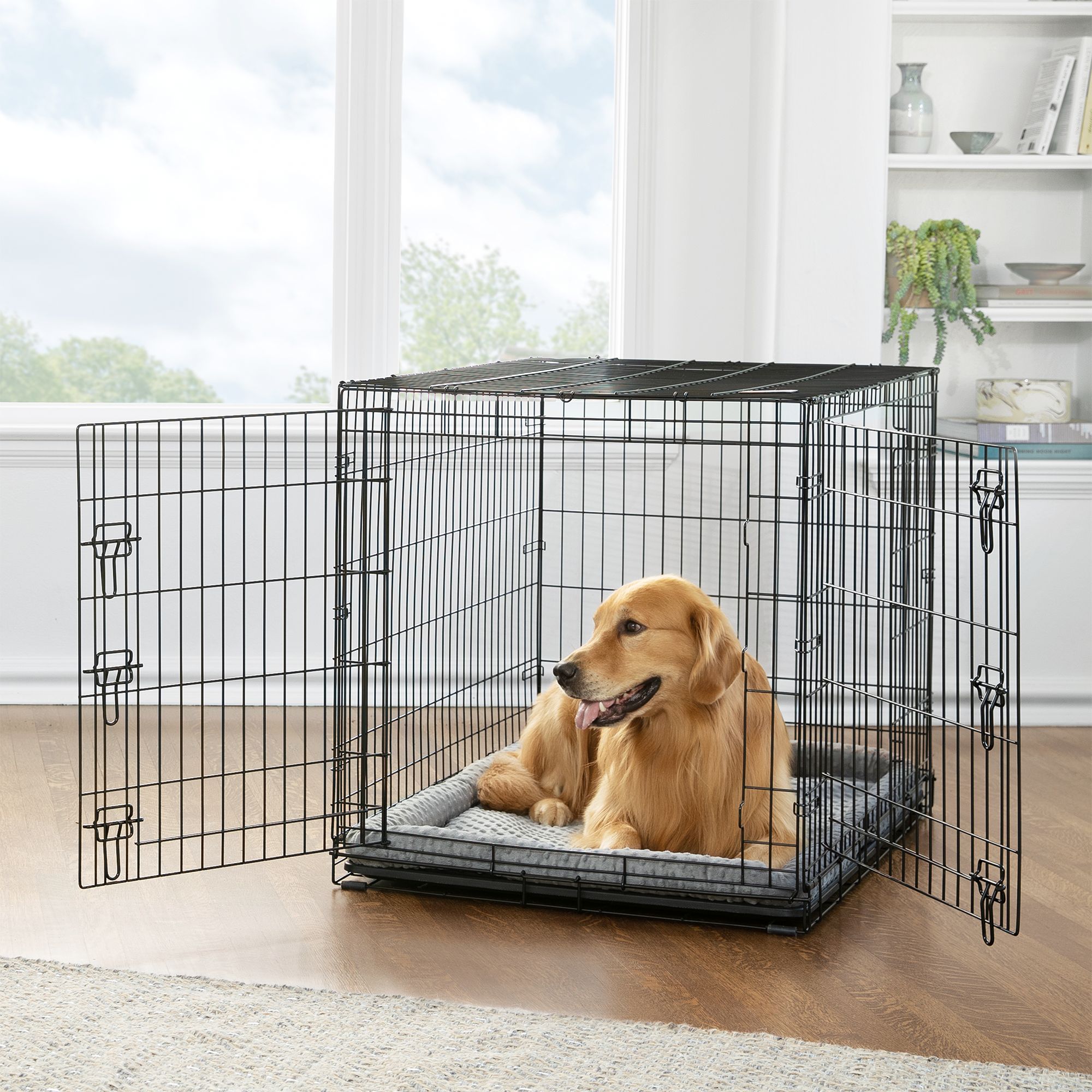 48 inch Large Dog Crate Kennel Metal Wire Indoor/Outdoor Double-Door Folding Dog Cage for Large Medium Puppy Dog Pet Crate with Plastic Tray and Handle 