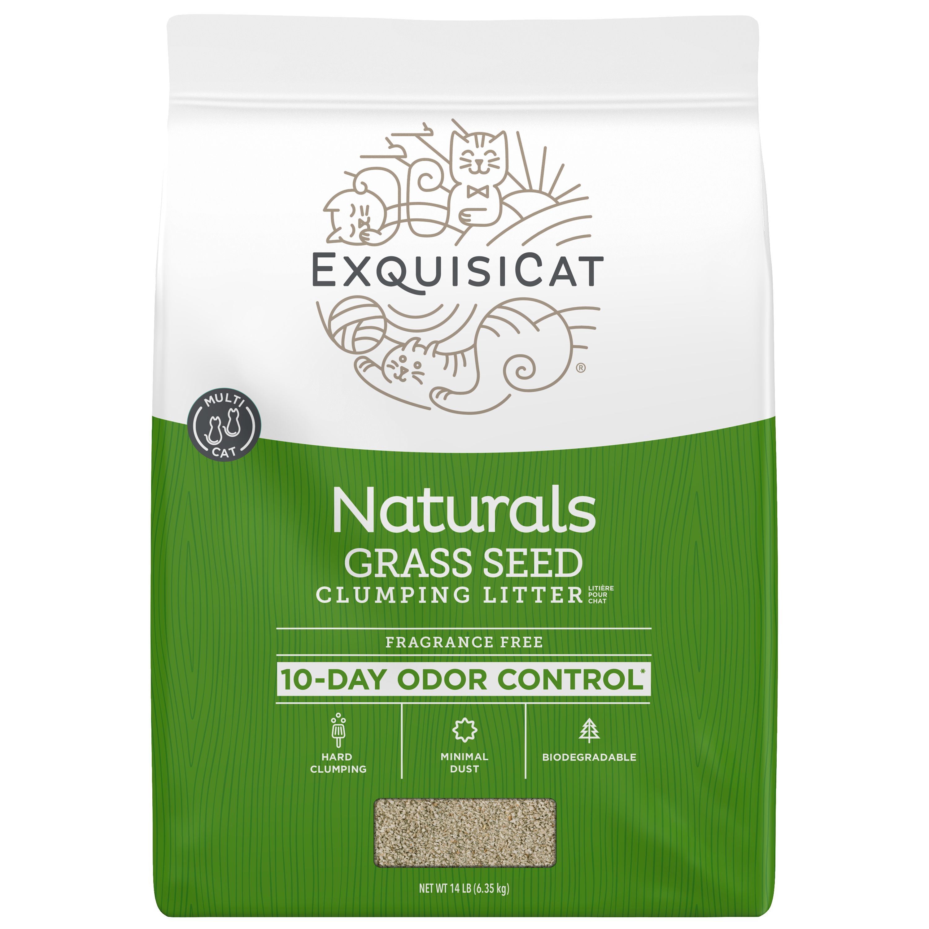 ExquisiCat Naturals Clumping Multi-Cat Grass Seed Cat Litter - Unscented, Low Dust, Natural