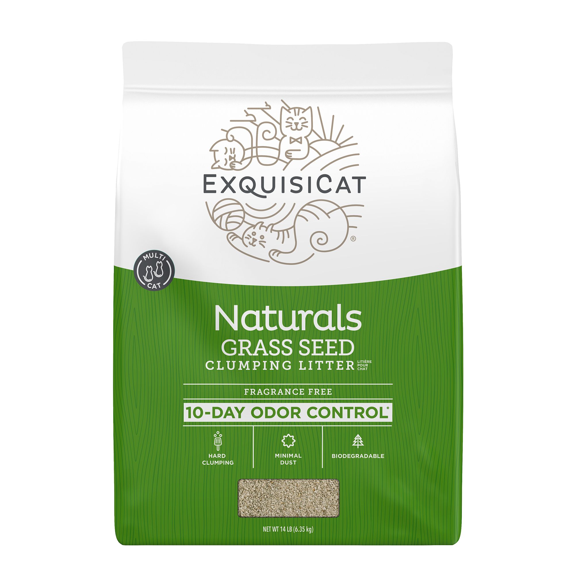 ExquisiCat Naturals Clumping Multi-Cat Grass Seed Cat Litter - Unscented, Low Dust, Natural