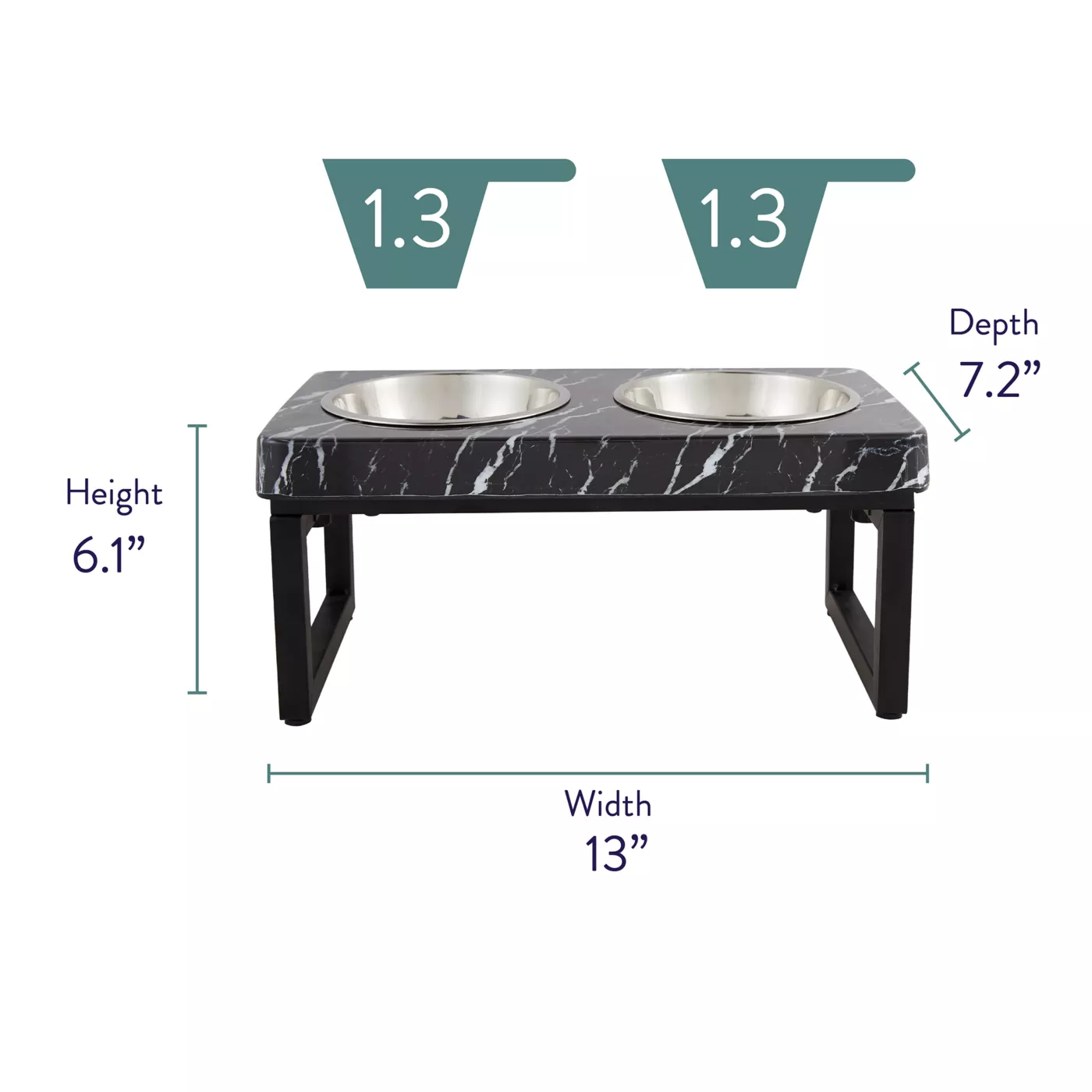 Whisker City Foldable Black Marble Double Diner Elevated Cat Bowls 1.25 cup