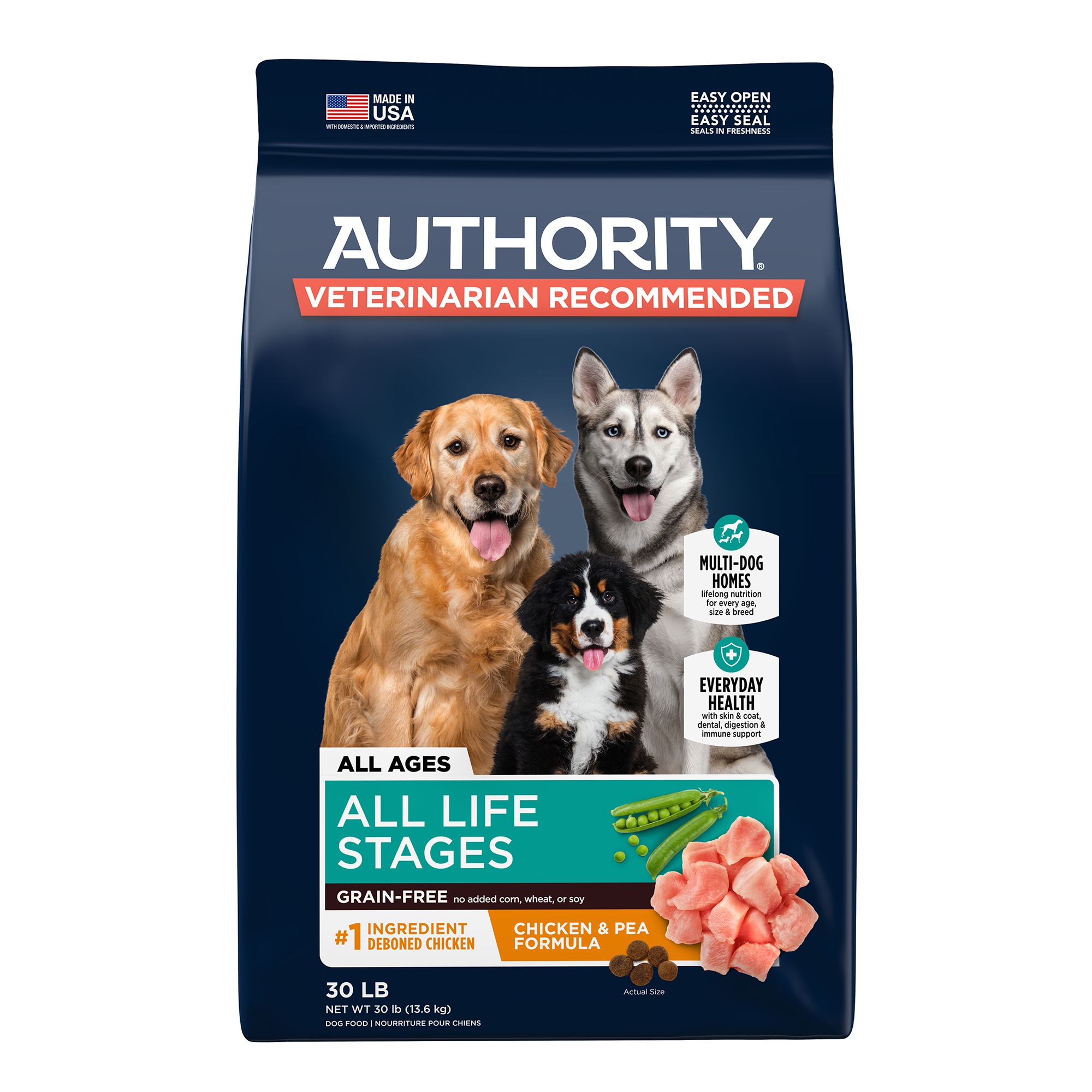 Authority Everyday Health All Life Stages Dry Dog Food Grain Free Chicken Pea 30 lb