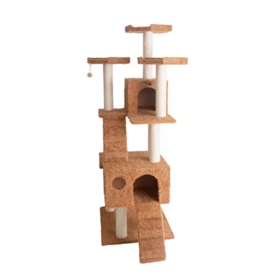 Product Armarkat 74-in Faux Fur Two Playhouses & Running Ramps Real Wood Cat Tree, Ochre Brown