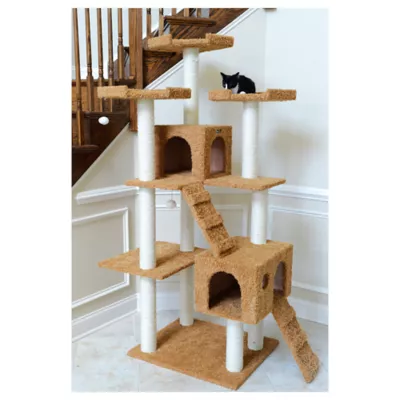 Product Armarkat 74-in Faux Fur Two Playhouses & Running Ramps Real Wood Cat Tree, Ochre Brown