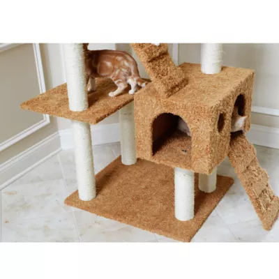 Armarkat 74-in Faux Fur Two Playhouses & Running Ramps Real Wood Cat Tree, Ochre Brown - Image 6