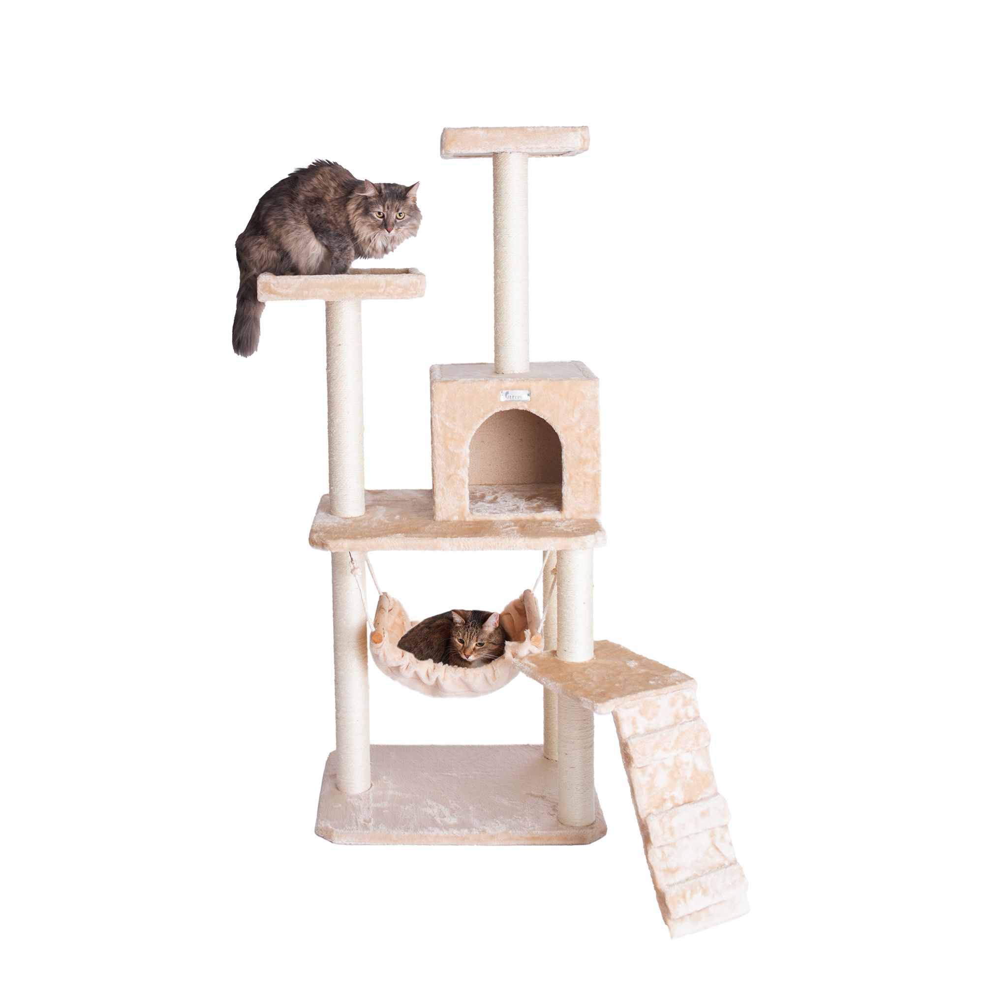 GleePet 57 in Faux Fur Condo Hammock Running Ramp Real Wood Cat Tree Beige