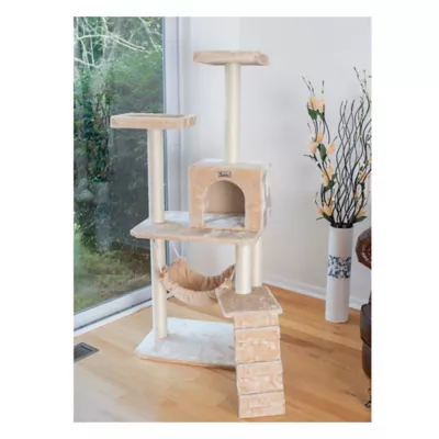 Product GleePet 57-in Faux Fur Condo, Hammock, Running Ramp Real Wood Cat Tree, Beige