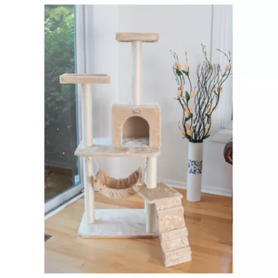 Product GleePet 57-in Faux Fur Condo, Hammock, Running Ramp Real Wood Cat Tree, Beige