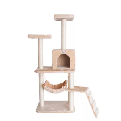 Product GleePet 57-in Faux Fur Condo, Hammock, Running Ramp Real Wood Cat Tree, Beige