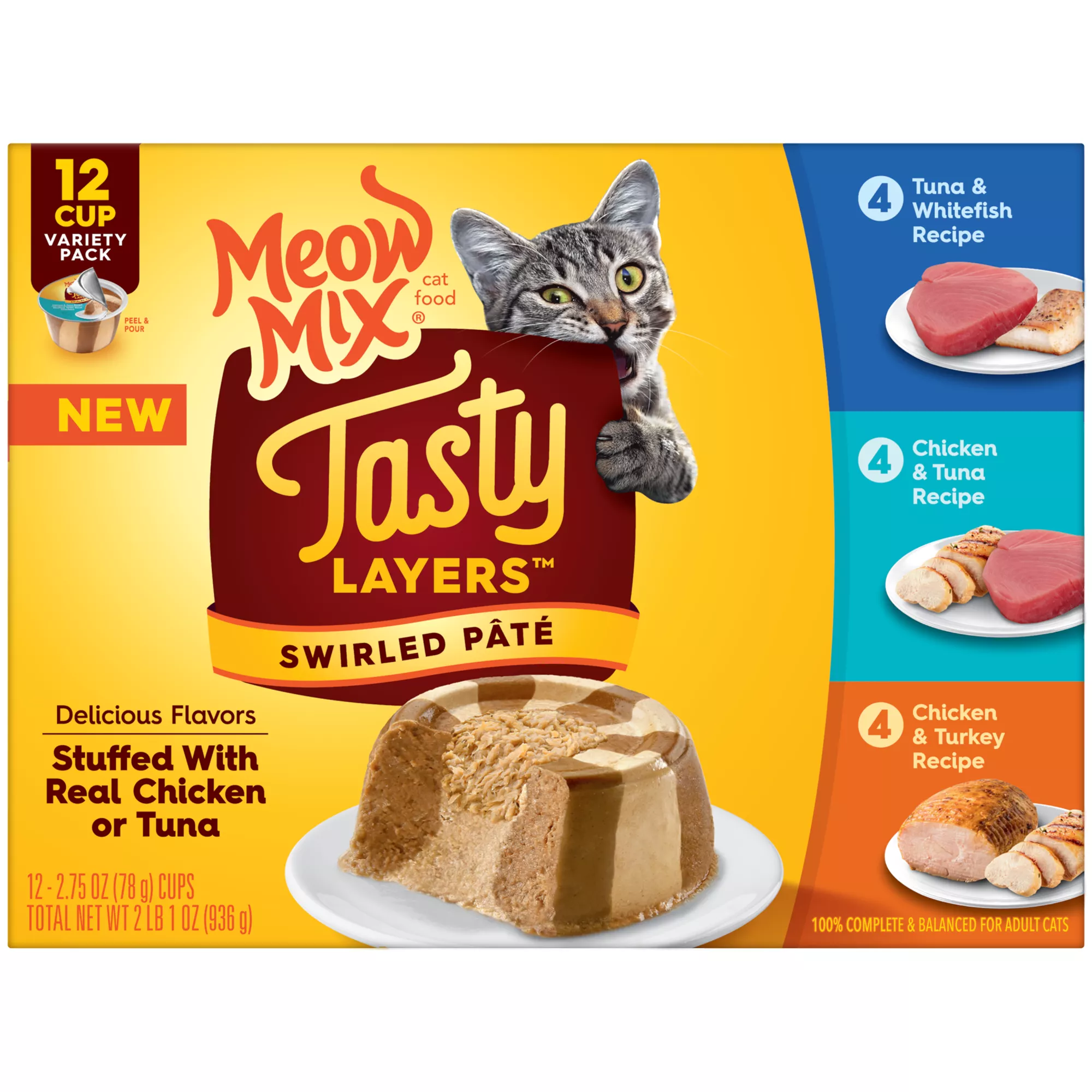 Meow Mix Tasty Layers Wet Cat Food - Chicken, Tuna, Turkey, Whitefish, Variety Pack, 12 CT, 33 OZ