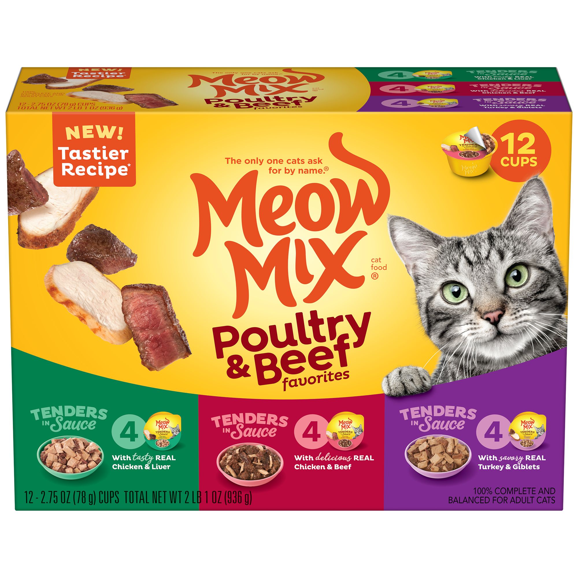 Meow Mix poultry and beef cat food that is wet