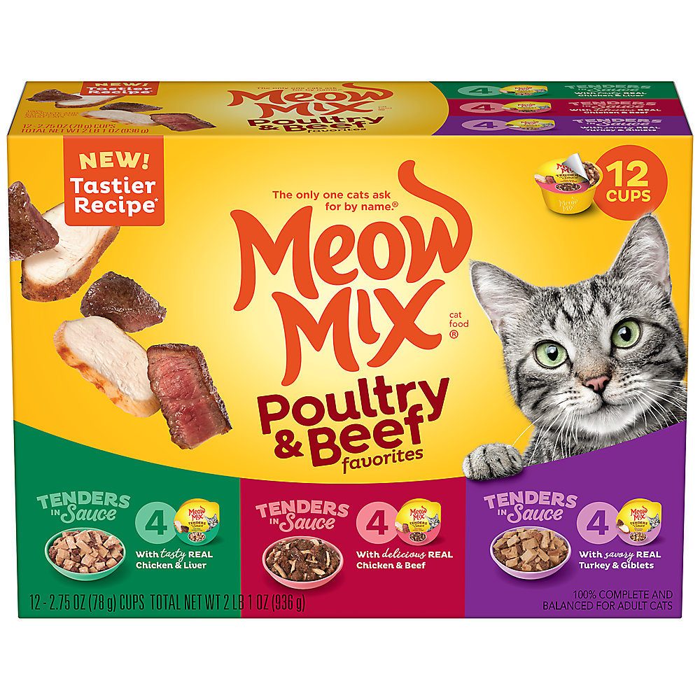 Meow Mix poultry and beef cat food that is wet