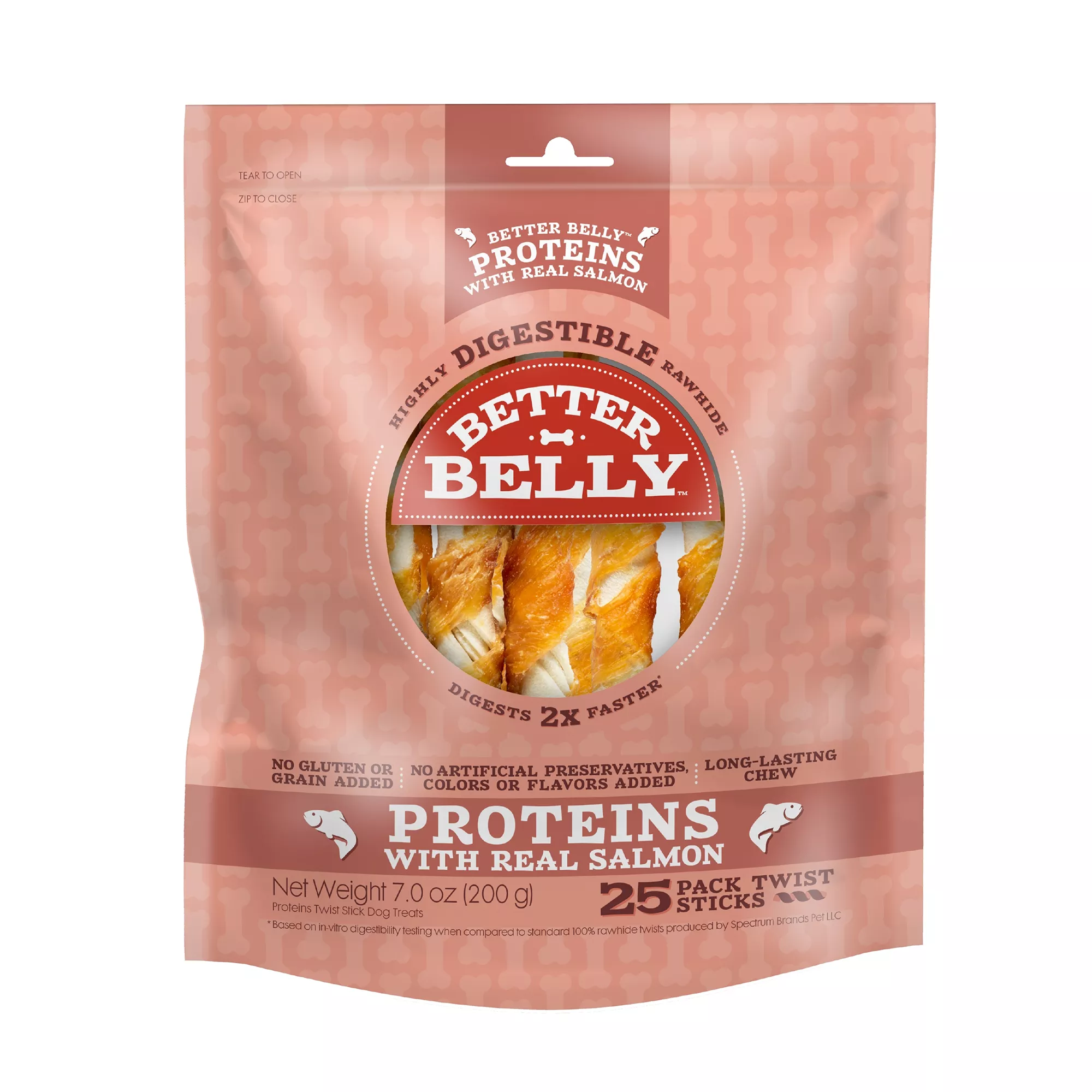 Better Belly Proteins Rawhide Twist Sticks Dog Treats - Real Salmon