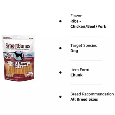 SmartBones Triple Flavor Ribs Dog Treat Chicken Beef Pork