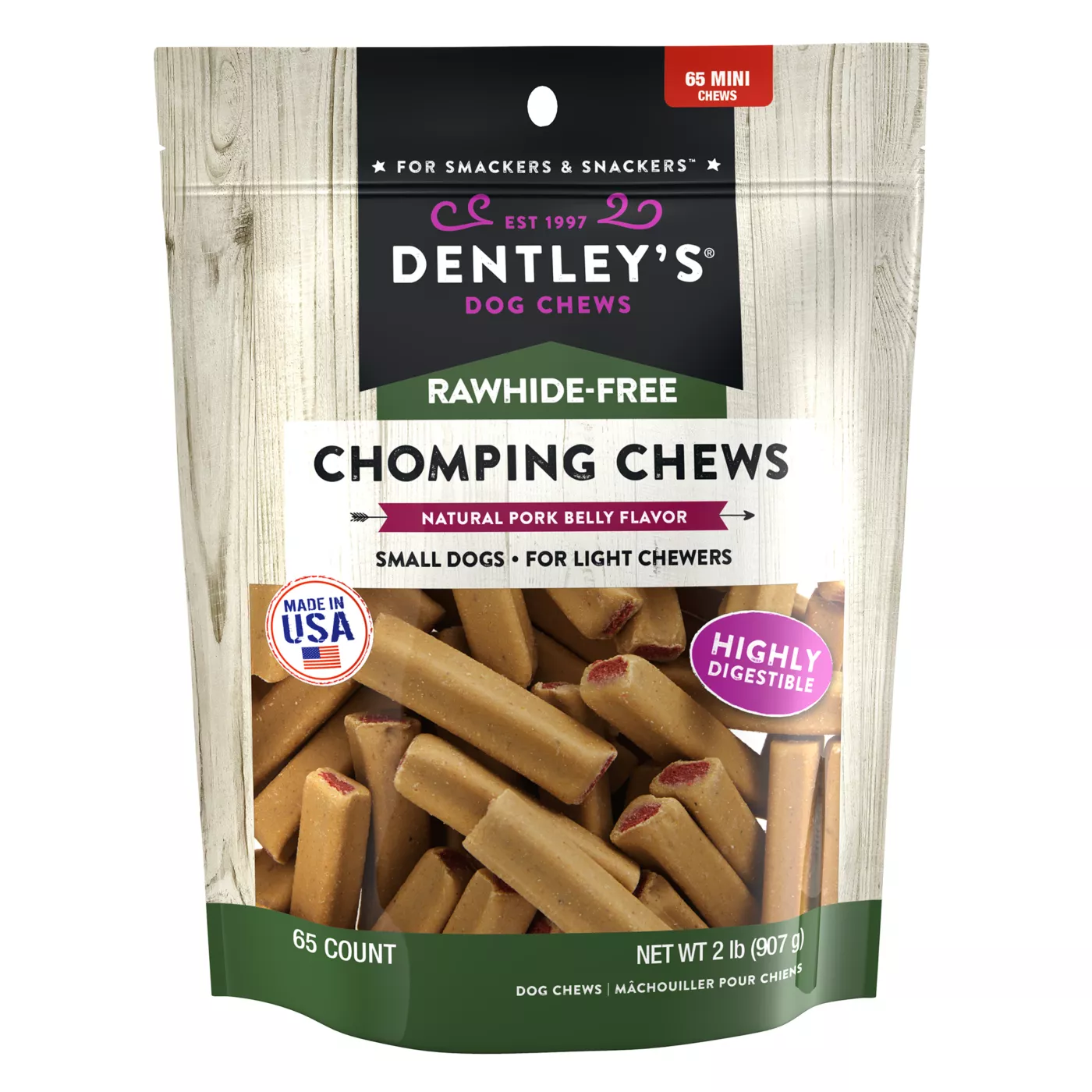 Dentley s Rawhide Free Mini Chomping Chews Dog Chew Pork Belly 2 lb