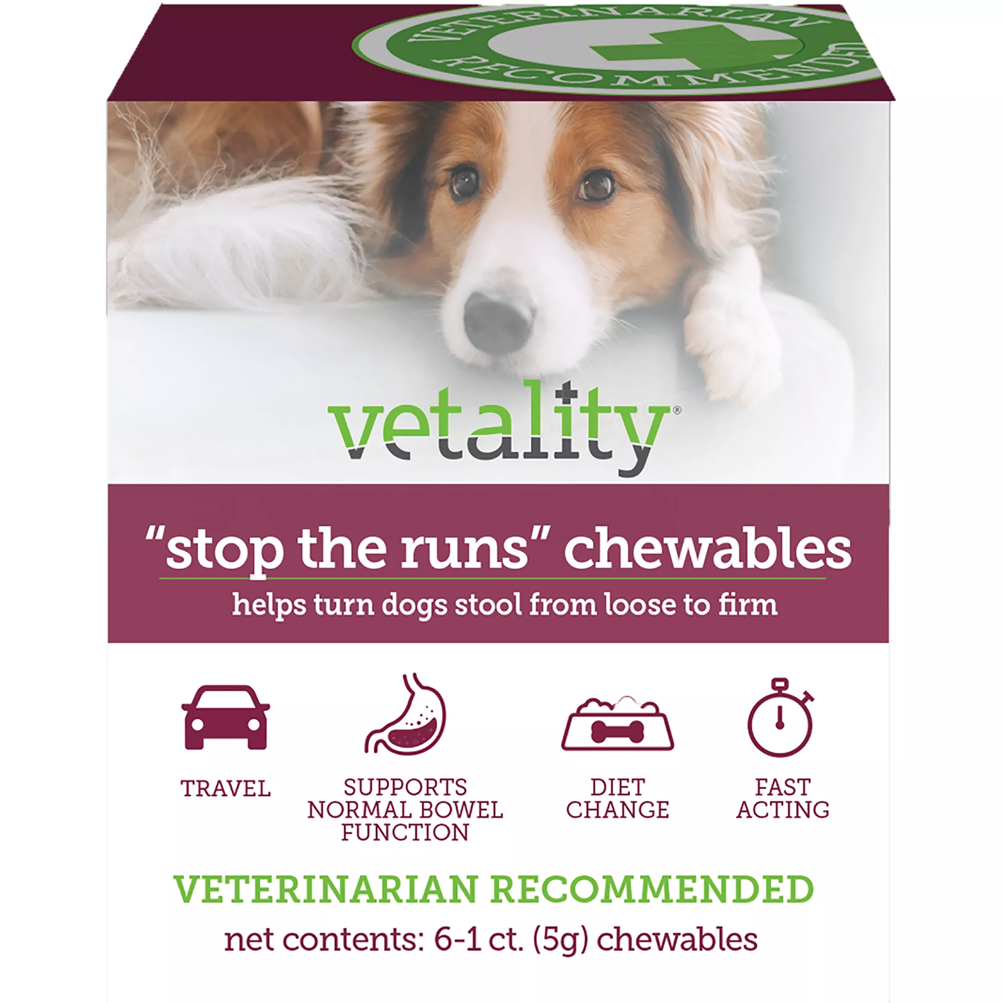 Vetality "Stop The Runs" 5g Chewables for Dogs - Probiotic & Degestive Supplement - 6 Count