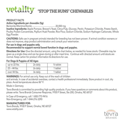 Product Vetality "Stop The Runs" 5g Chewables for Dogs - Probiotic & Degestive Supplement - 6 Count