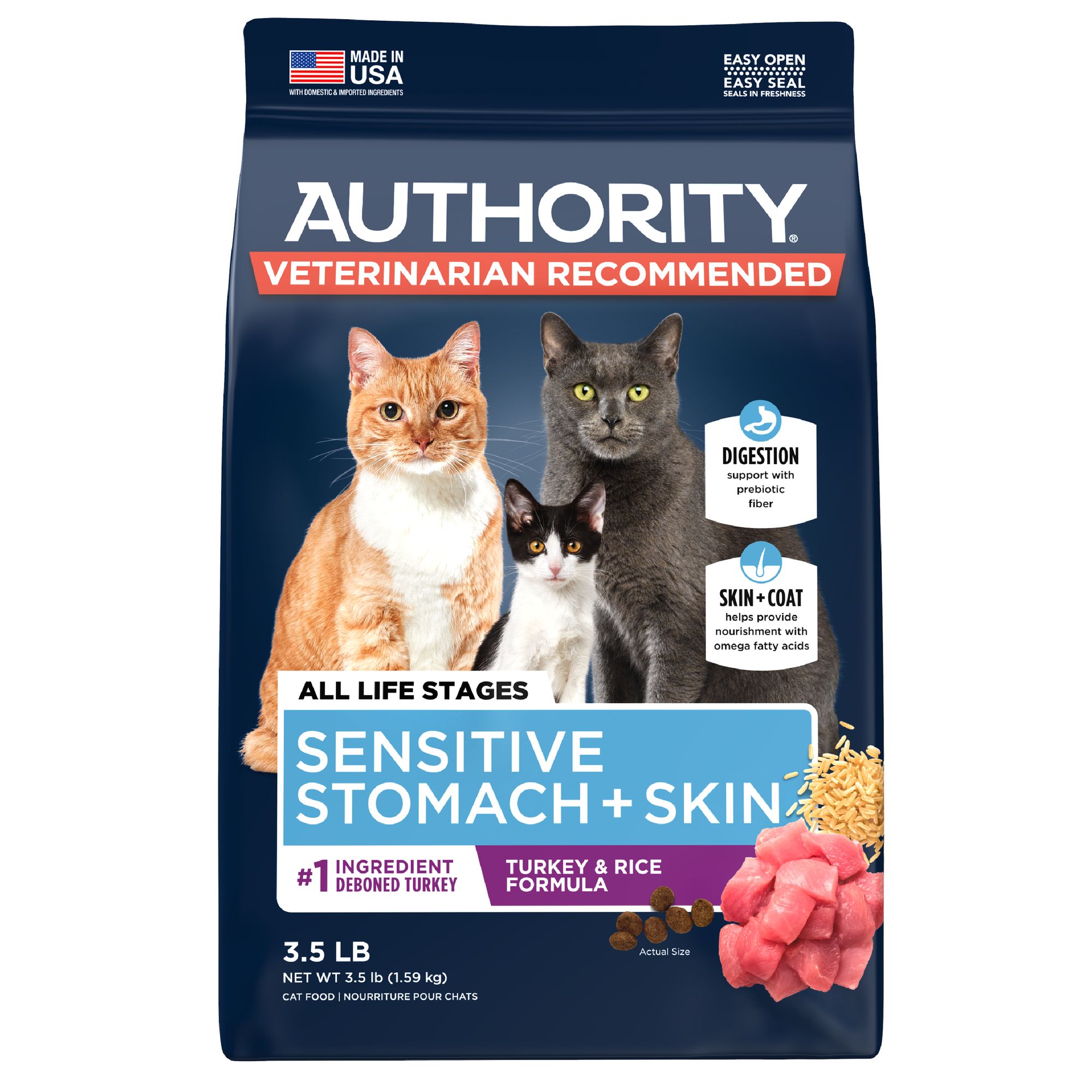 Authority Sensitive Stomach Skin Cat Dry Food Turkey Rice With Grain