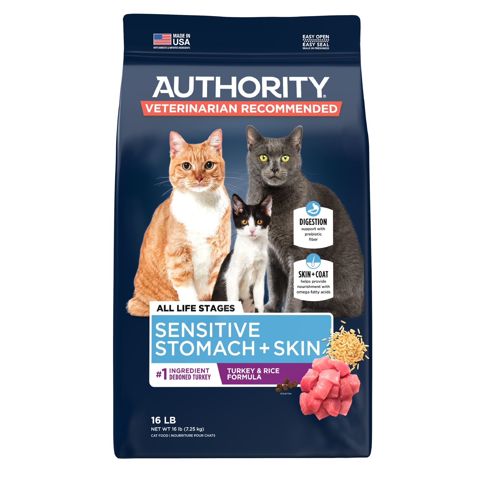 Authority Sensitive Stomach Skin Cat Dry Food Turkey Rice 16 lbs