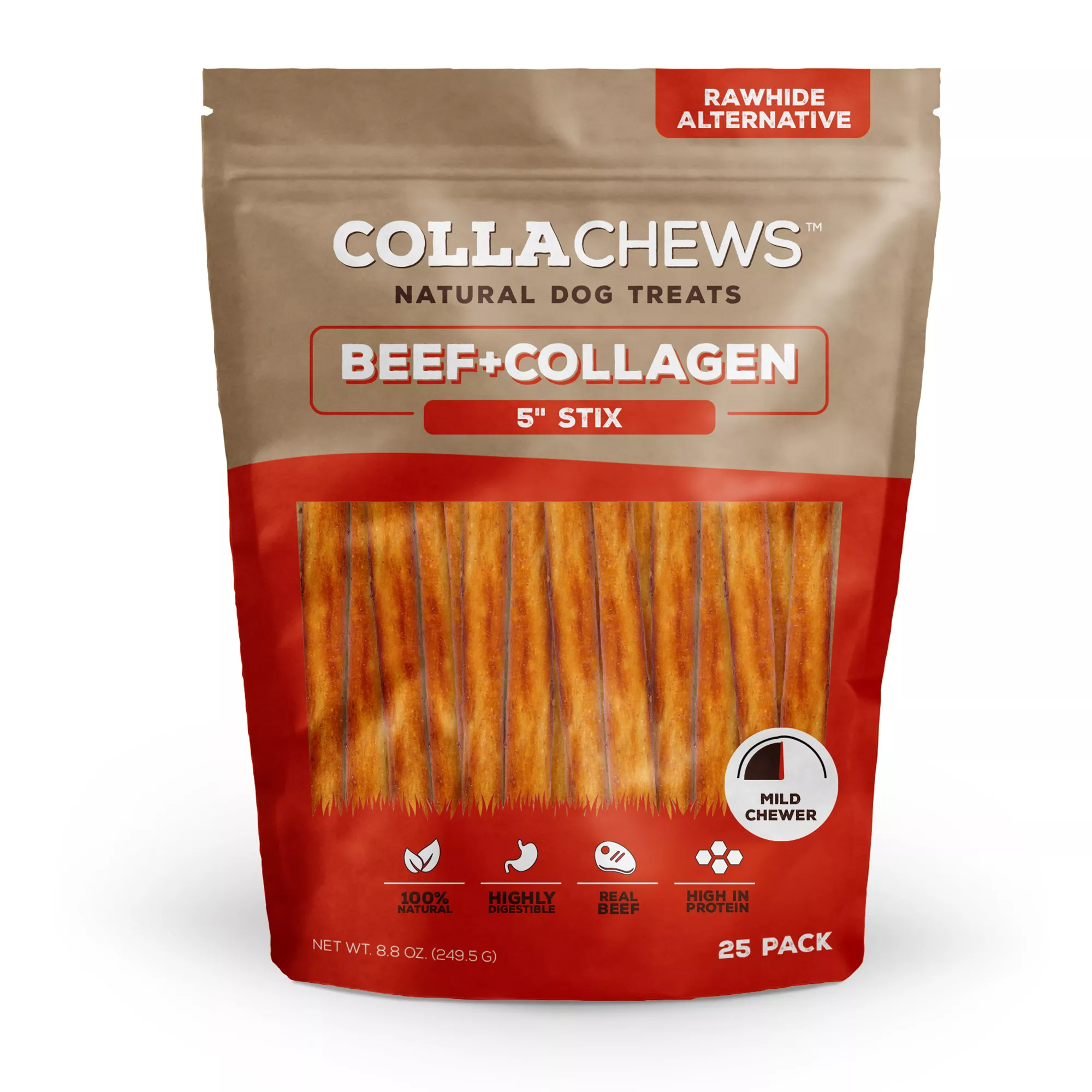 Collachews&trade; Beef + Collagen Rawhide Free 5" Stix Dog Treat - Beef, 25 Count