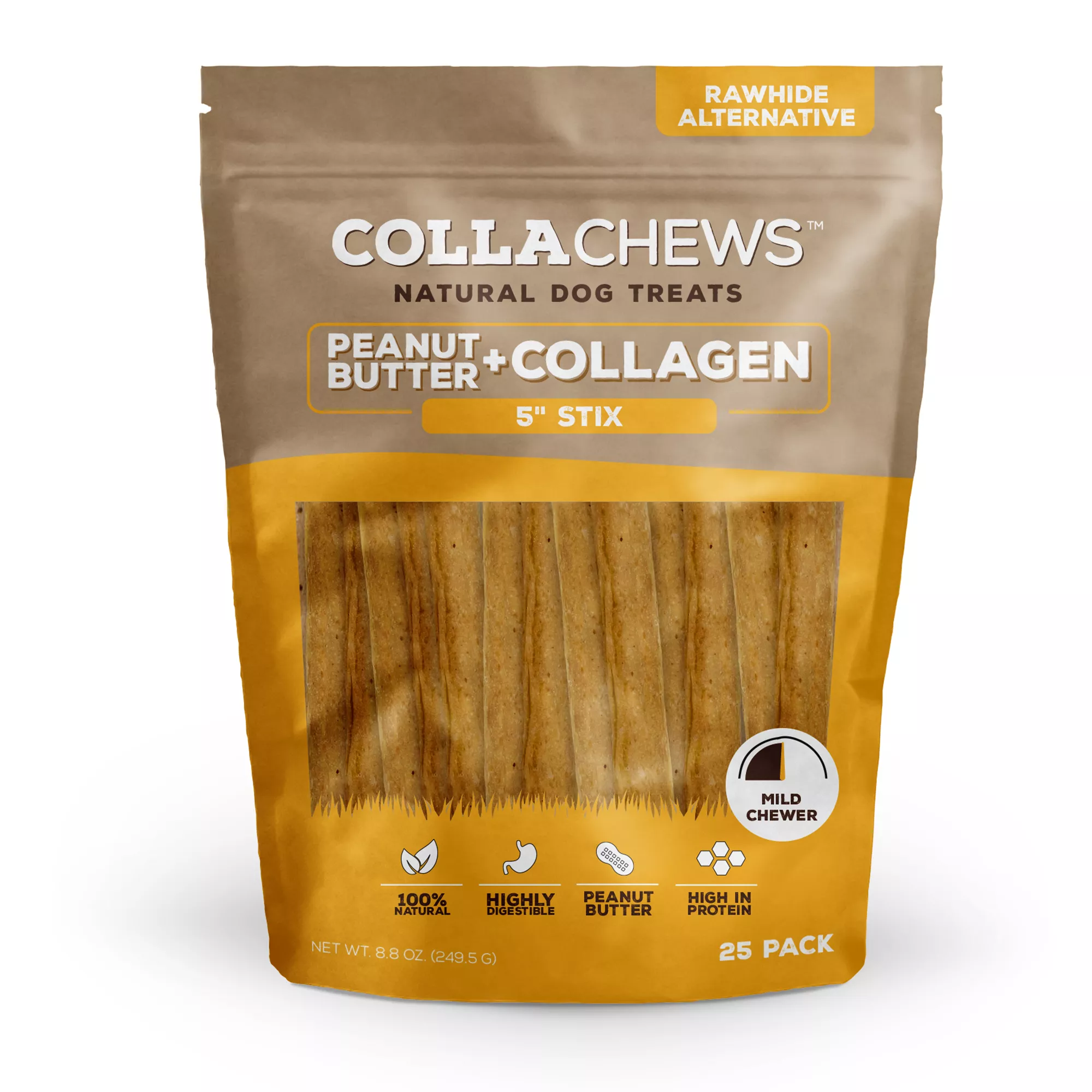 Collachews&trade; Beef + Collagen Rawhide Free 5" Stix Dog Treat - Peanut Butter, 25 Count