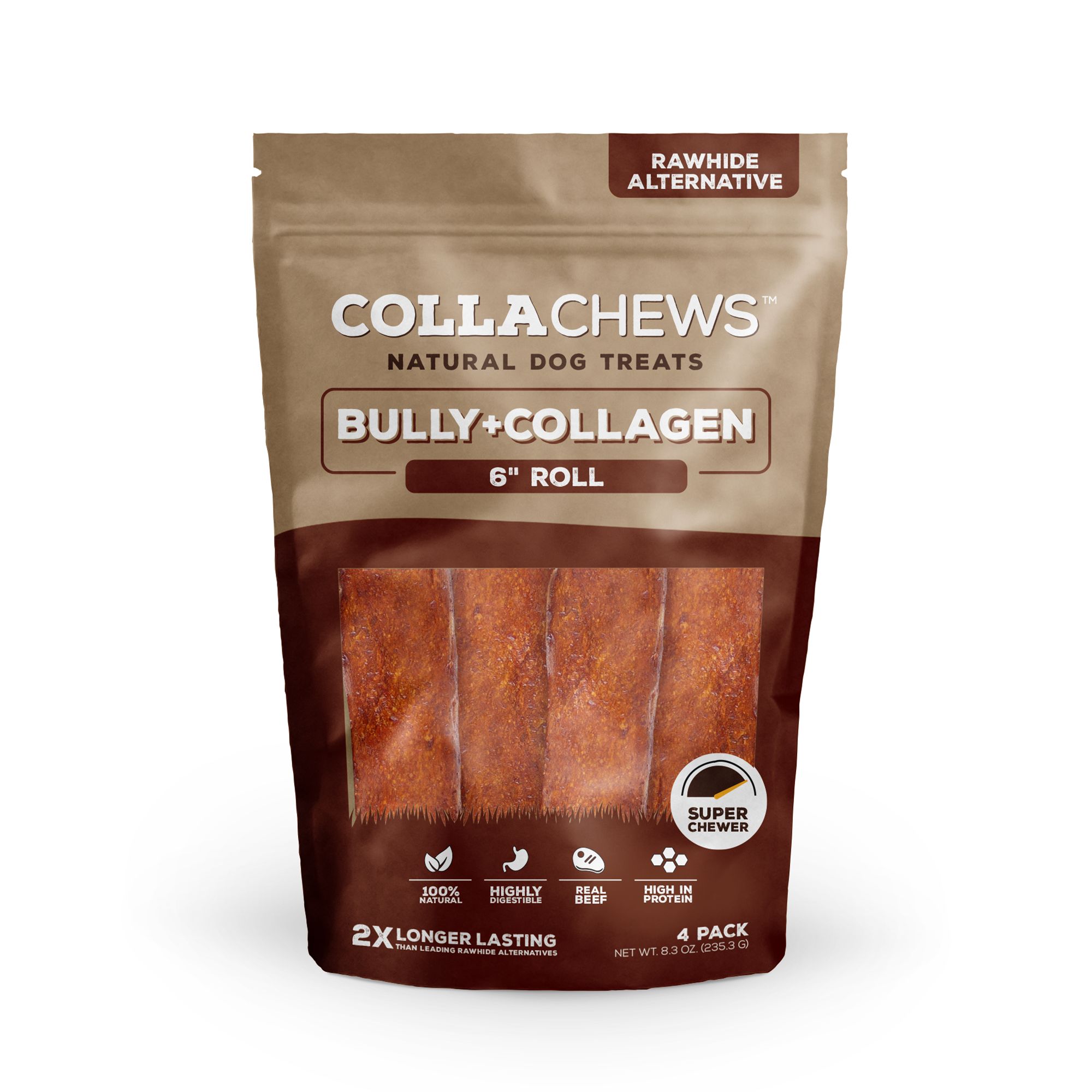 Collachews™ Beef + Collagen Rawhide Free 6" Roll Dog Treat - Bully, 4