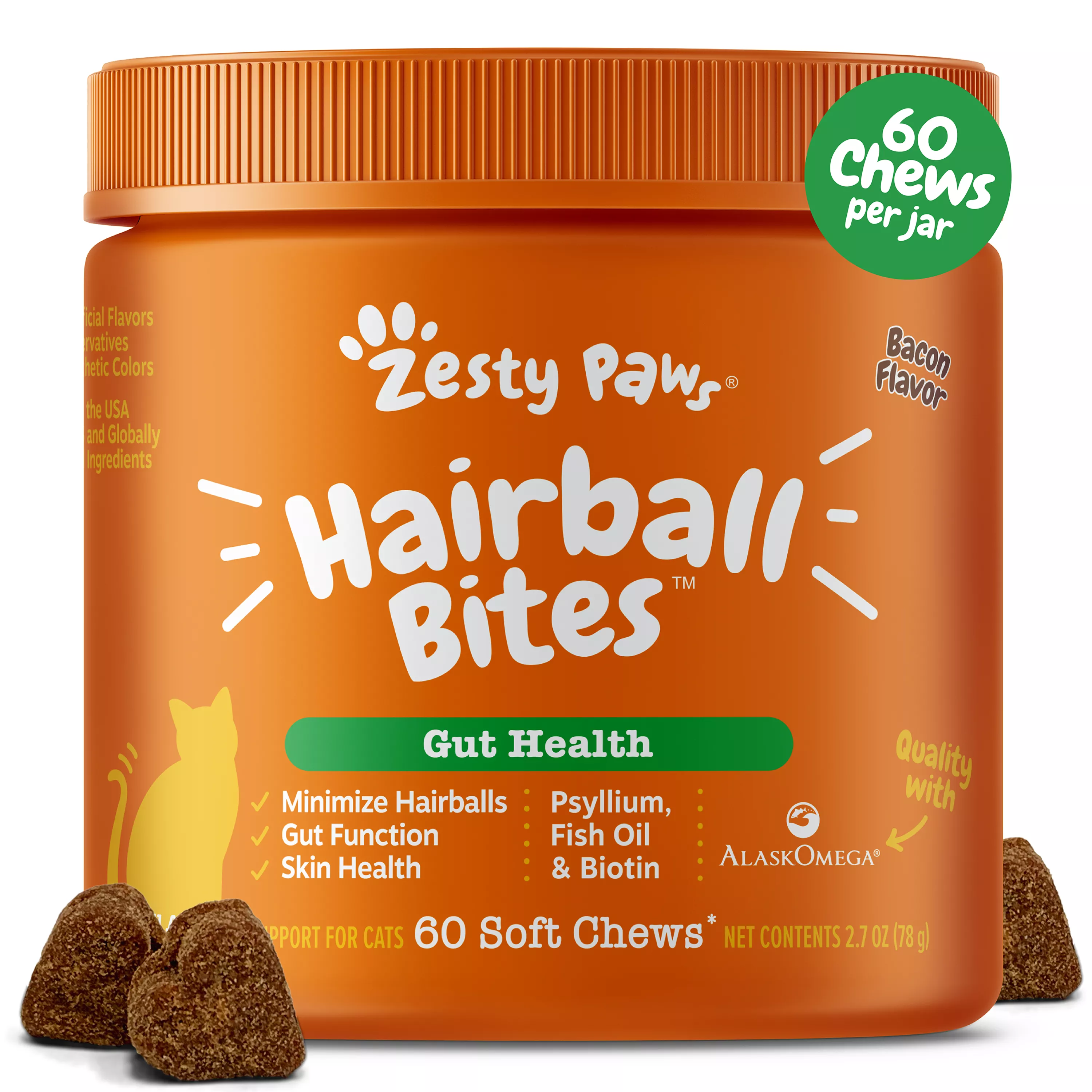 Zesty Paws Hairball Bites for Cats - Bacon Flavor - 60 Ct