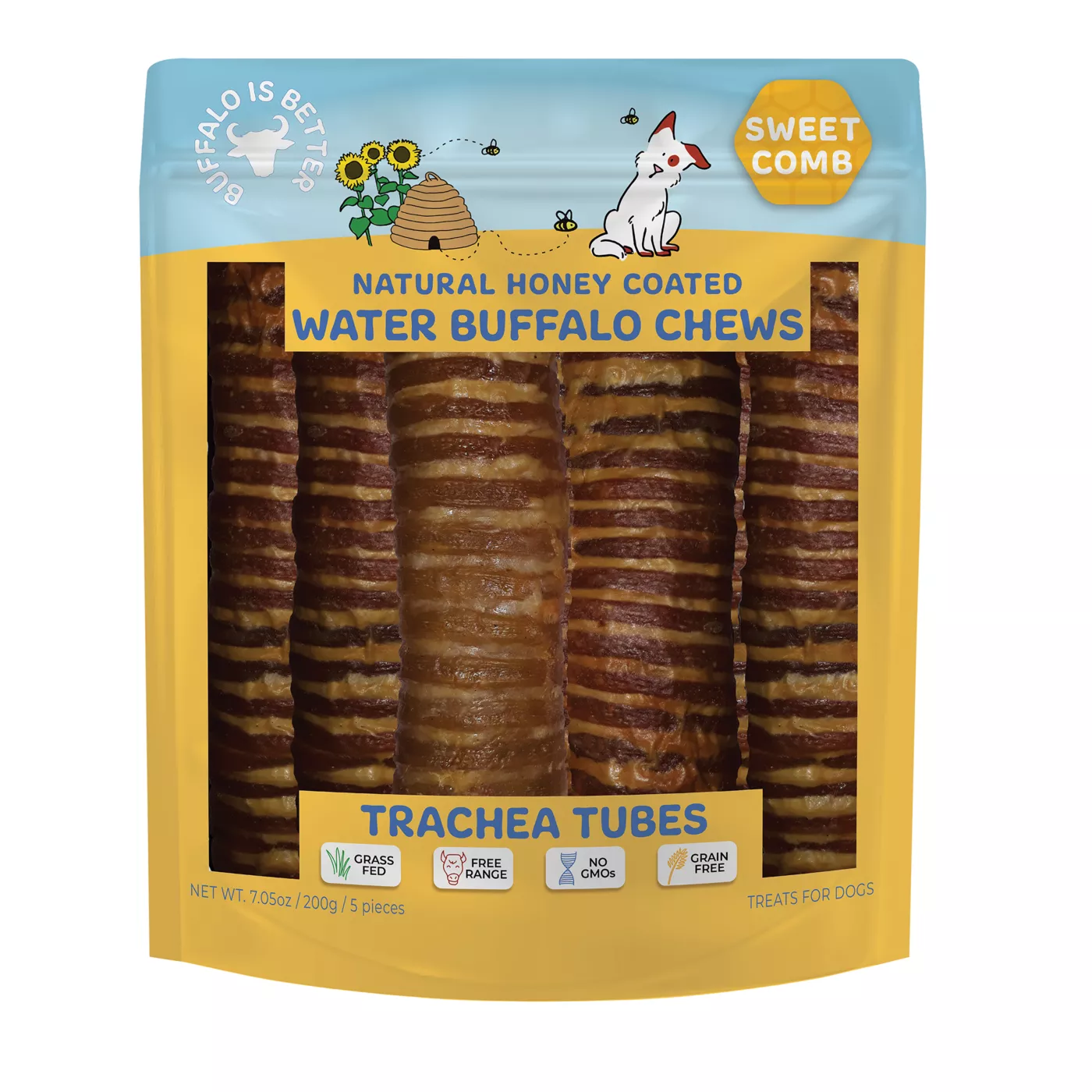 Sweet Comb Honey Coated Water Buffalo Trachea Tubes Dog Chew