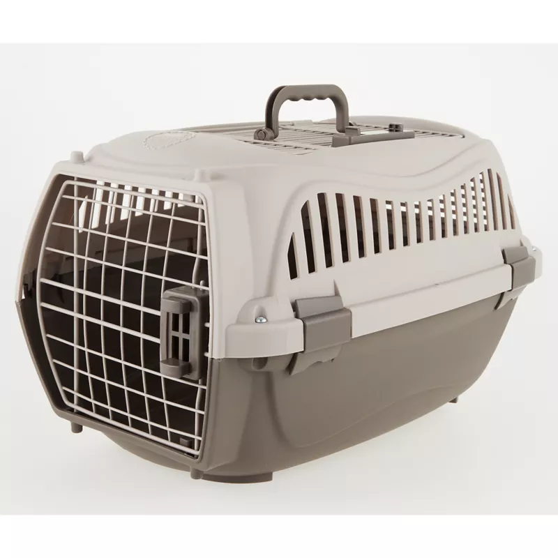 Structured plaid cat carrier with mesh ventilation and soft cushion inside