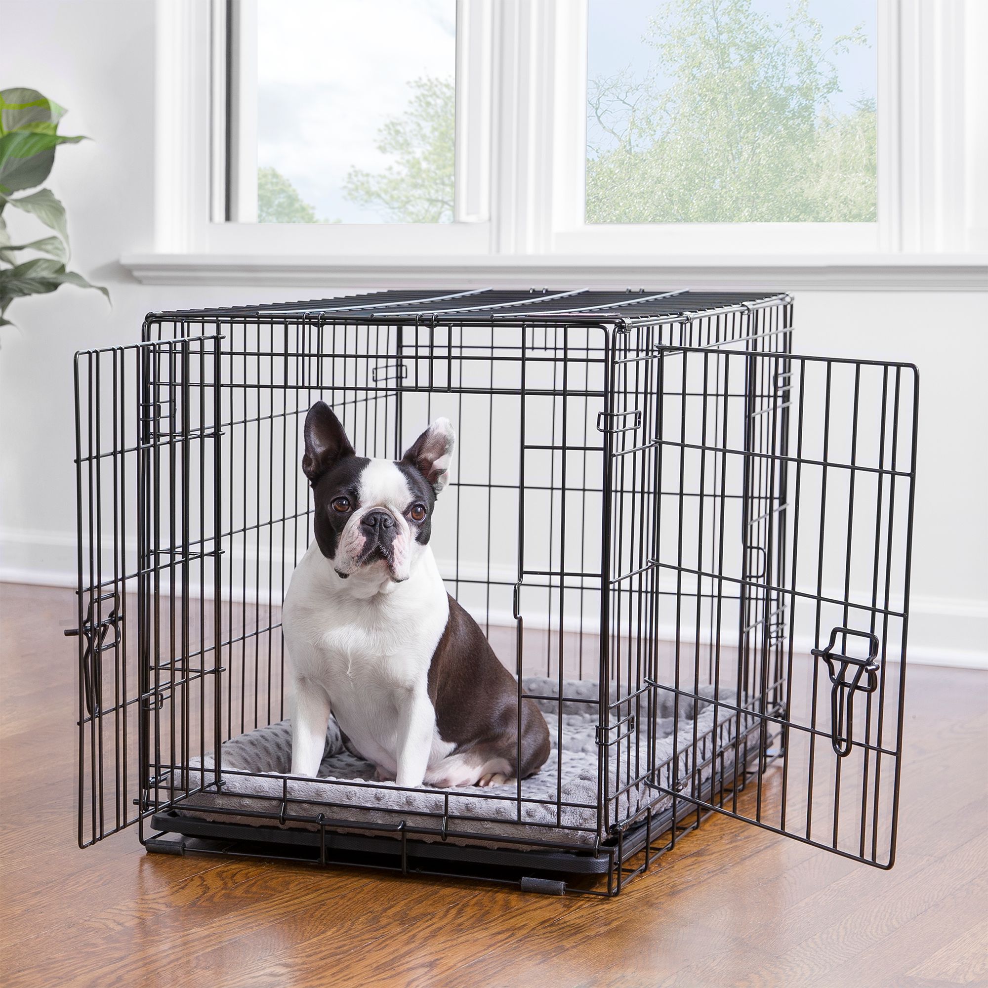 PAWOLOGY Wire Dog Crate Large w/ Divider Double Door,Heavy Duty Removable Tray Collapsible and Portable Folding Metal Kennel Indoor/ Outdoor 