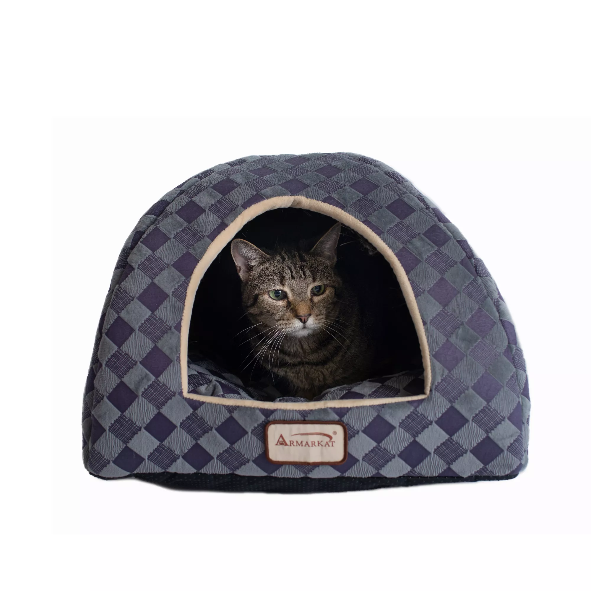 Armarkat Purple & Grey Checkered Covered Cat Bed