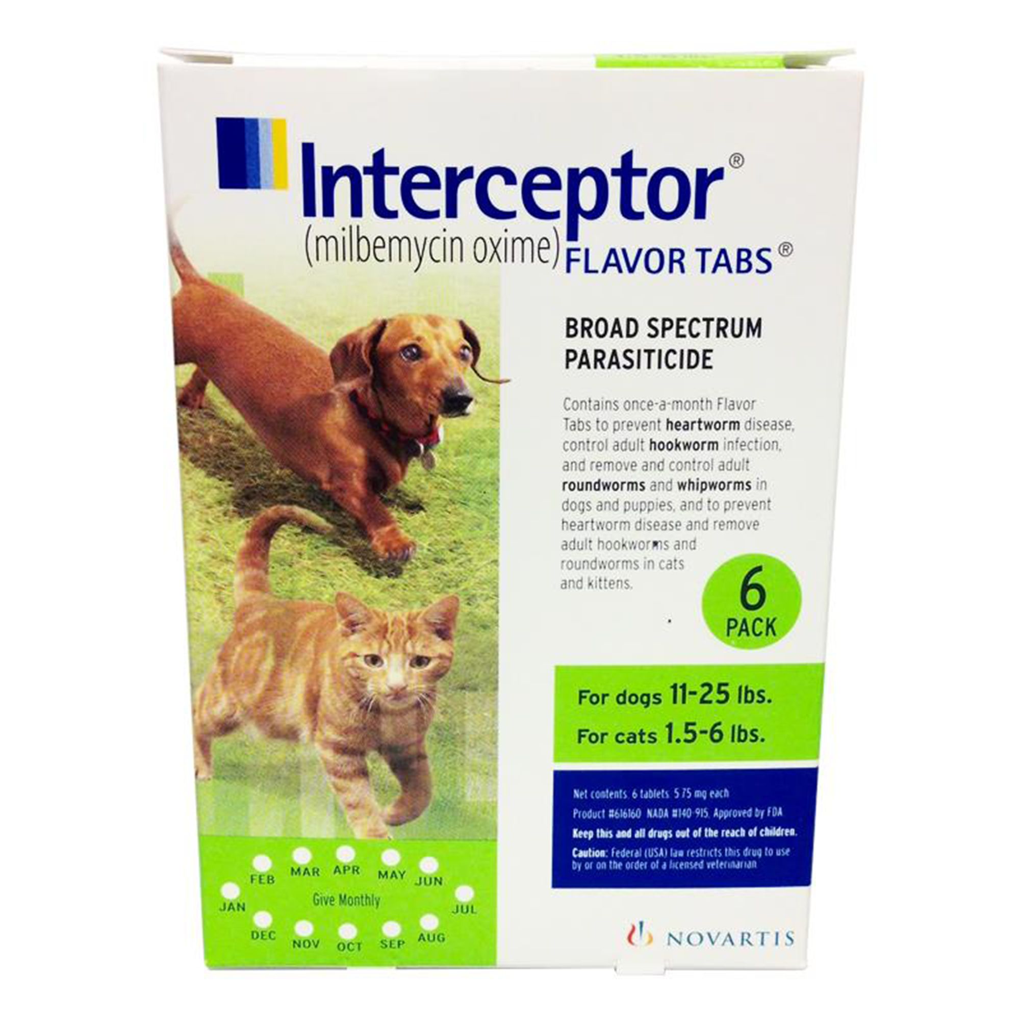 Interceptor for Dogs and Cats 11 25 lbs Dogs 1.5 6 lbs Cats Green 6 Month or 12 Month Supply